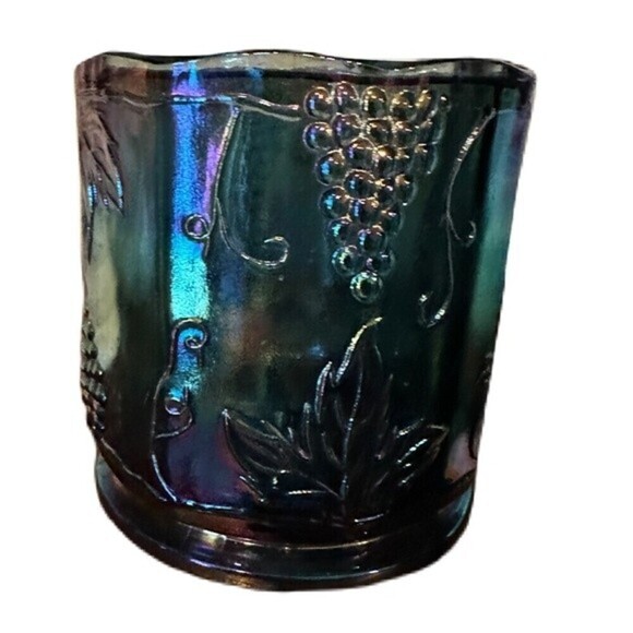 Vintage Blue Iridescent Carnival Glass Fruit Pattern Canister Jar Candle Holder - Picture 4 of 5